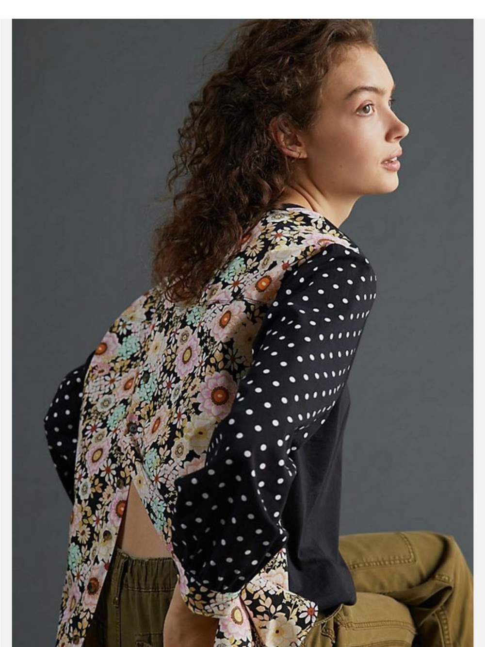 Anthropologie MaEVE  Back Panel Mixed-Print Top with Polka Dot Sleeves